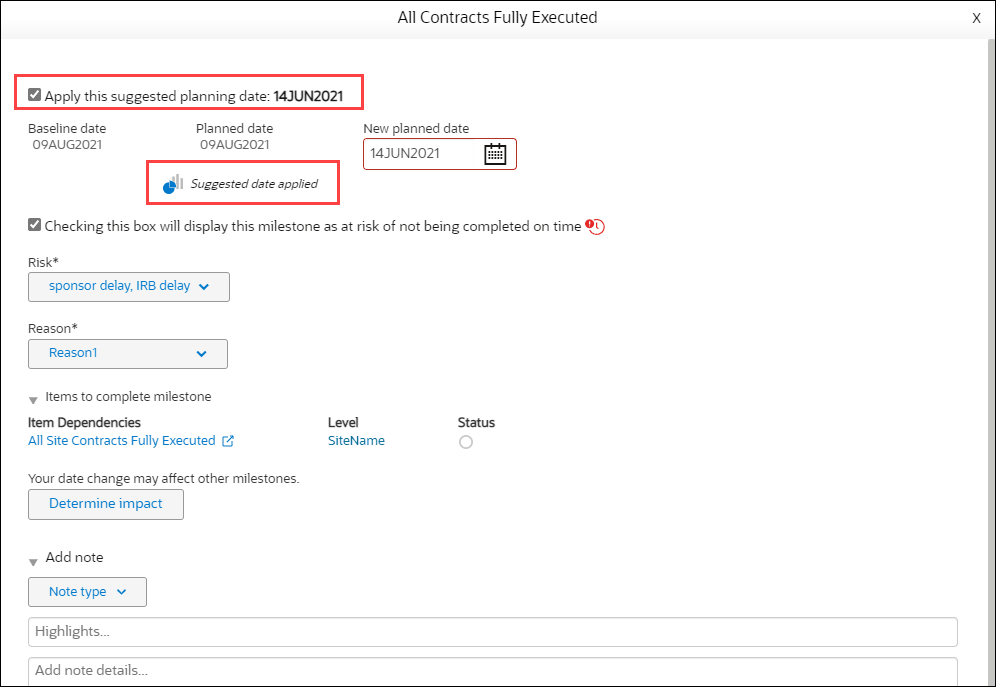 Milestone details modal showing suggested planning date option