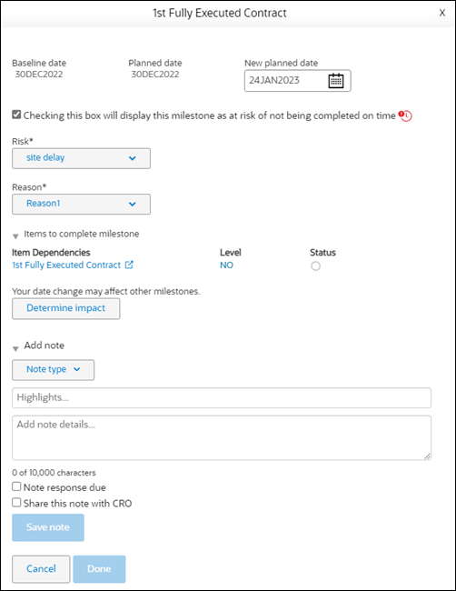 Milestone details modal shows milestone attributes