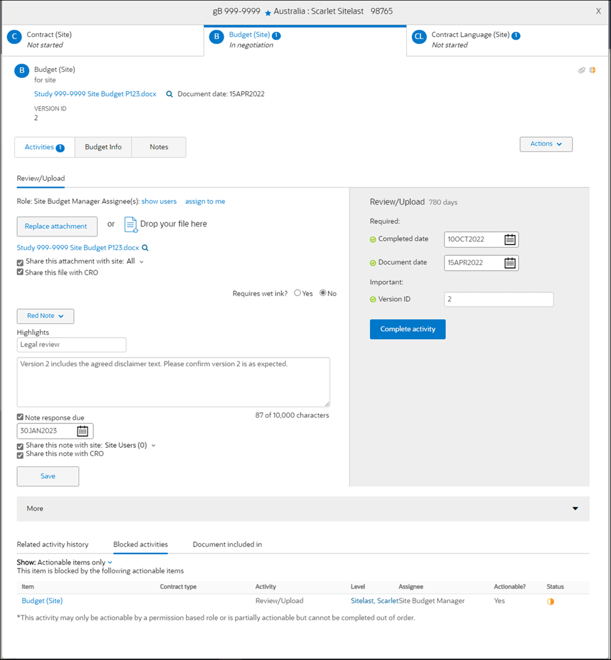 Sample contract modal showing the Budget subtab