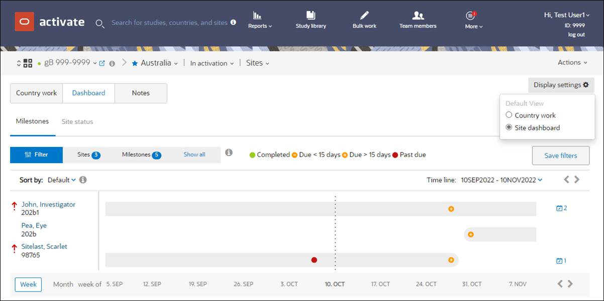 Site milestone dashboard showing display settings control