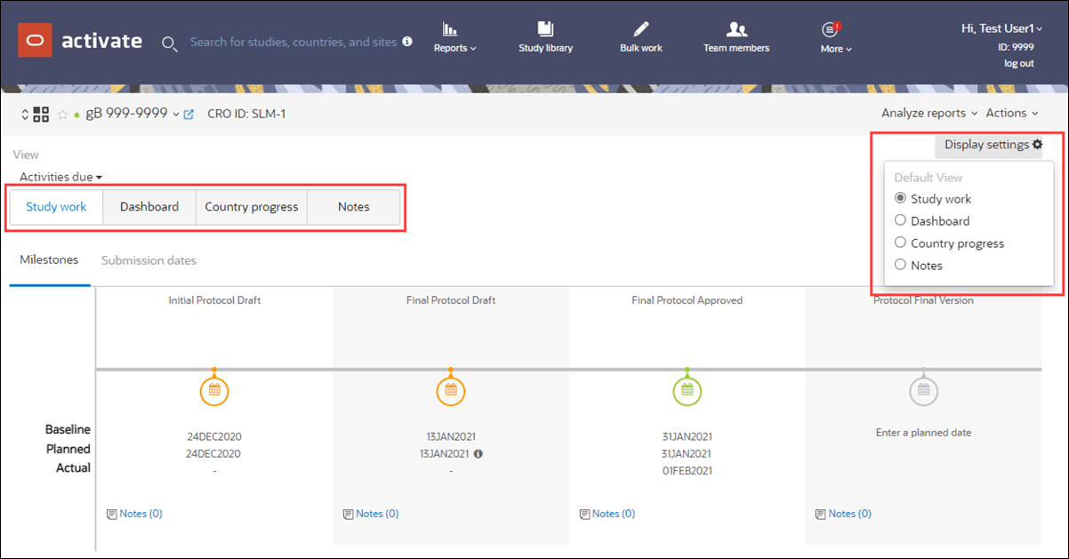 Study home page tabs and display setting control