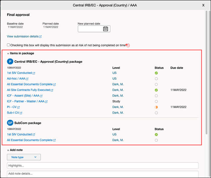 Submission modal with Items in package section