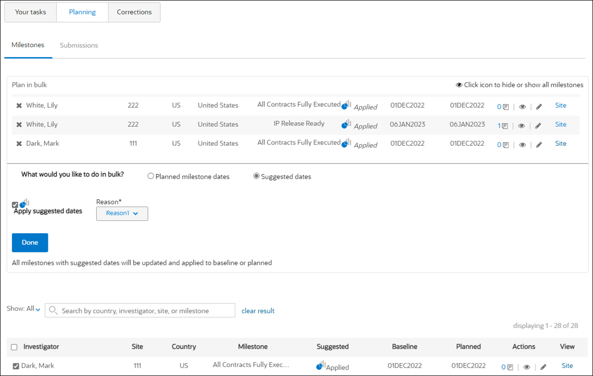 Update milestones in bulk on the study Planning tab