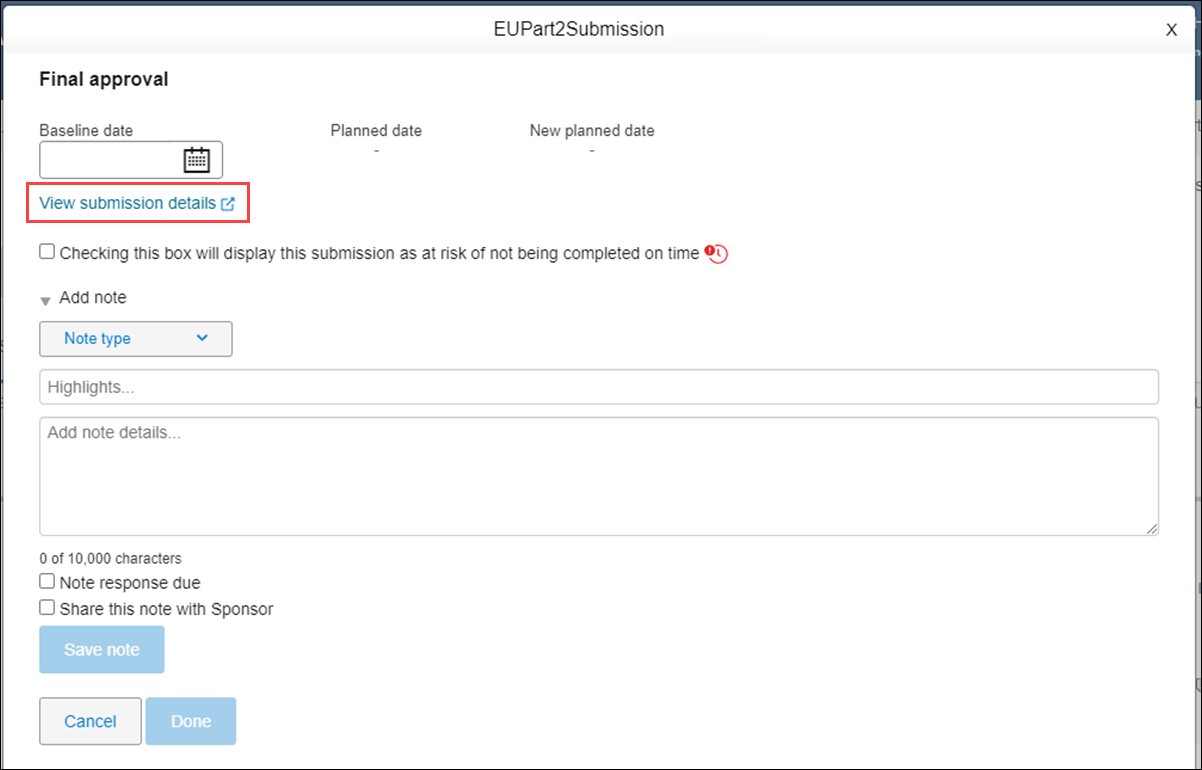 Submission milestone modal displays a new View submission details link that opens a new tab with the related submission modal