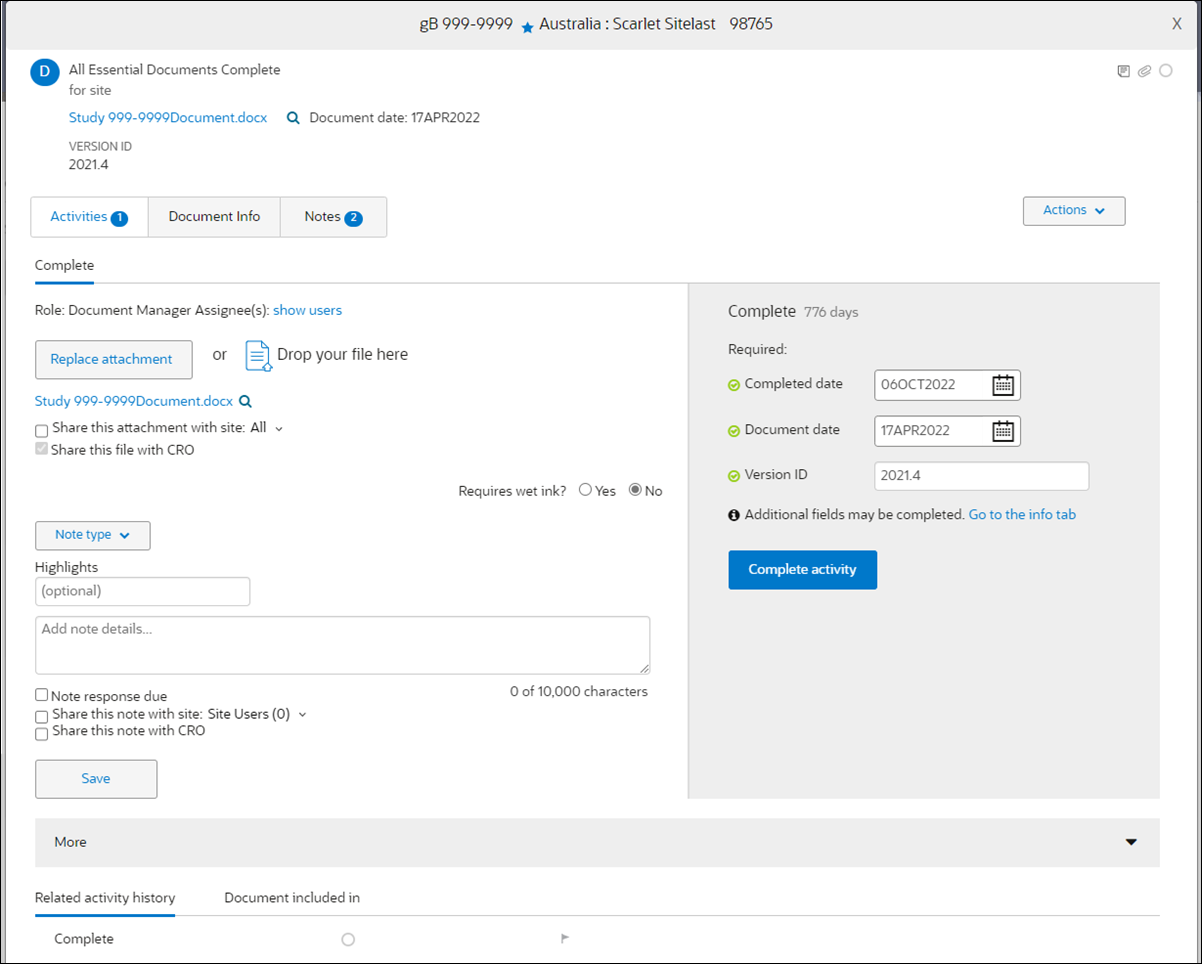 Sample document modal with one open Activity and two Notes Sample document modal with one open Activity and two Notes