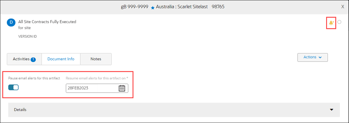 Item modal with enabled alert pause control and snooze icon