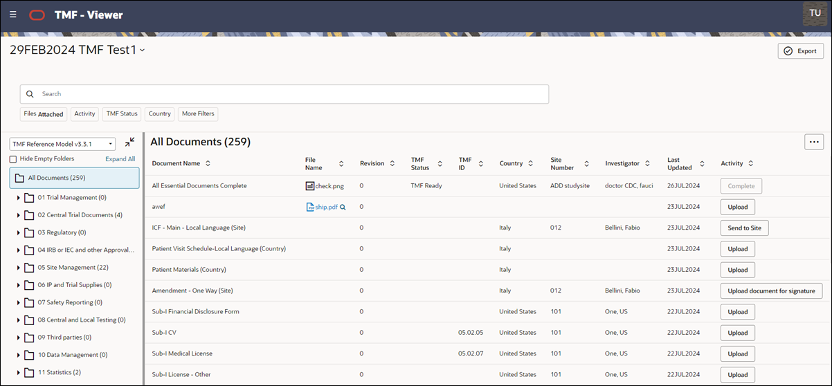 TMF viewer with tree structure visible on the left and document grid to the right