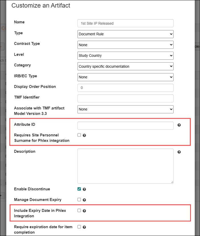 Artifact configuration form with new site personnel surname and expiry date check boxes and updated Attribute ID field label