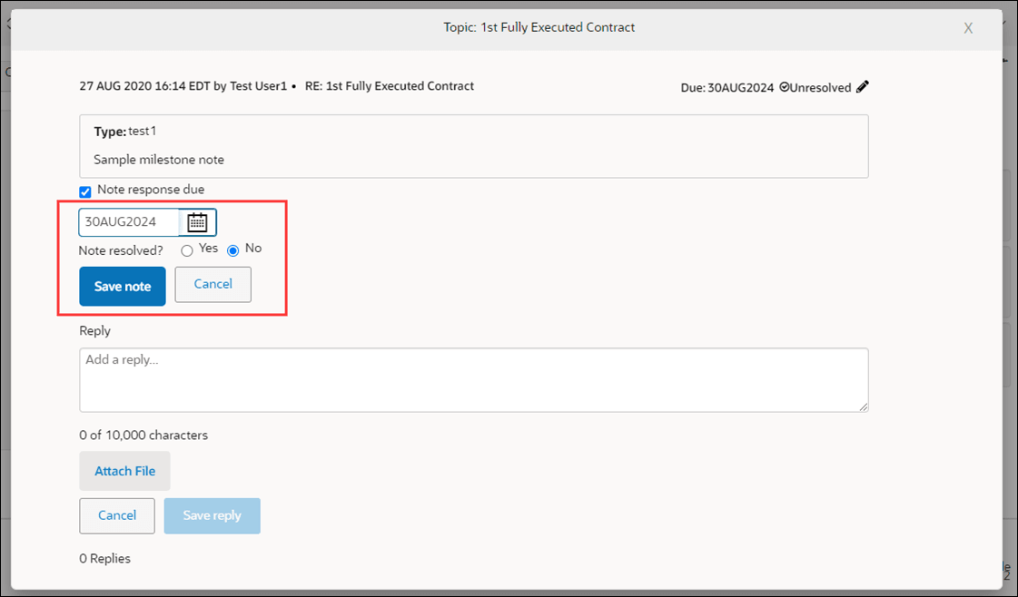 Note reply modal enabled Save note and Cancel buttons when changing the Note response due field Note reply modal enabled Save note and Cancel buttons when changing the Note response due field