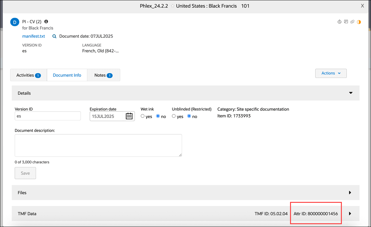 Item modal showing Document Info tab and the Attr ID field in the TMF Data section