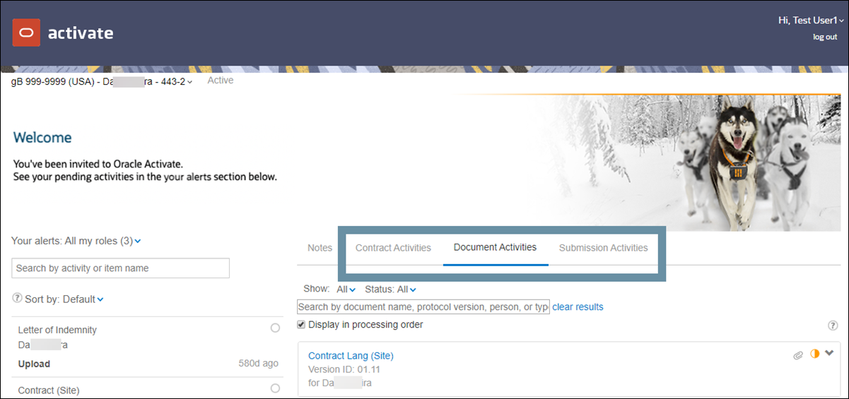 Contract, Document, and Submission activities tabs