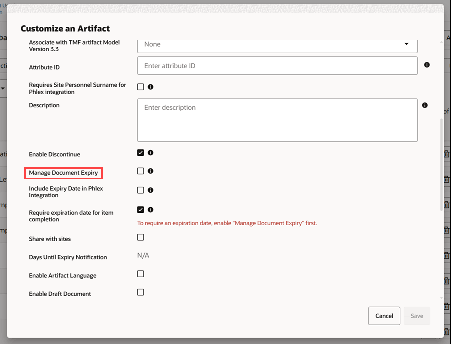 Edit artifact modal showing disabled Manage Expiry Date check box and feedback message Edit artifact modal showing disabled Manage Expiry Date check box and feedback message