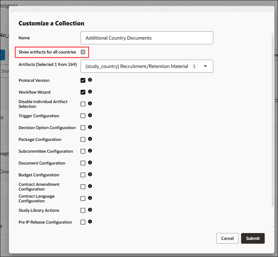 Collection modal shows the "Show artifacts for all countries" option checked and disabled Collection modal shows the "Show artifacts for all countries" option checked and disabled
