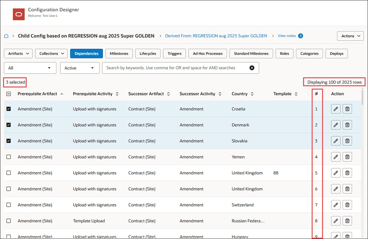 Example table showing selection count, display row count, and numbered row column Example table showing selection count, display row count, and numbered row column