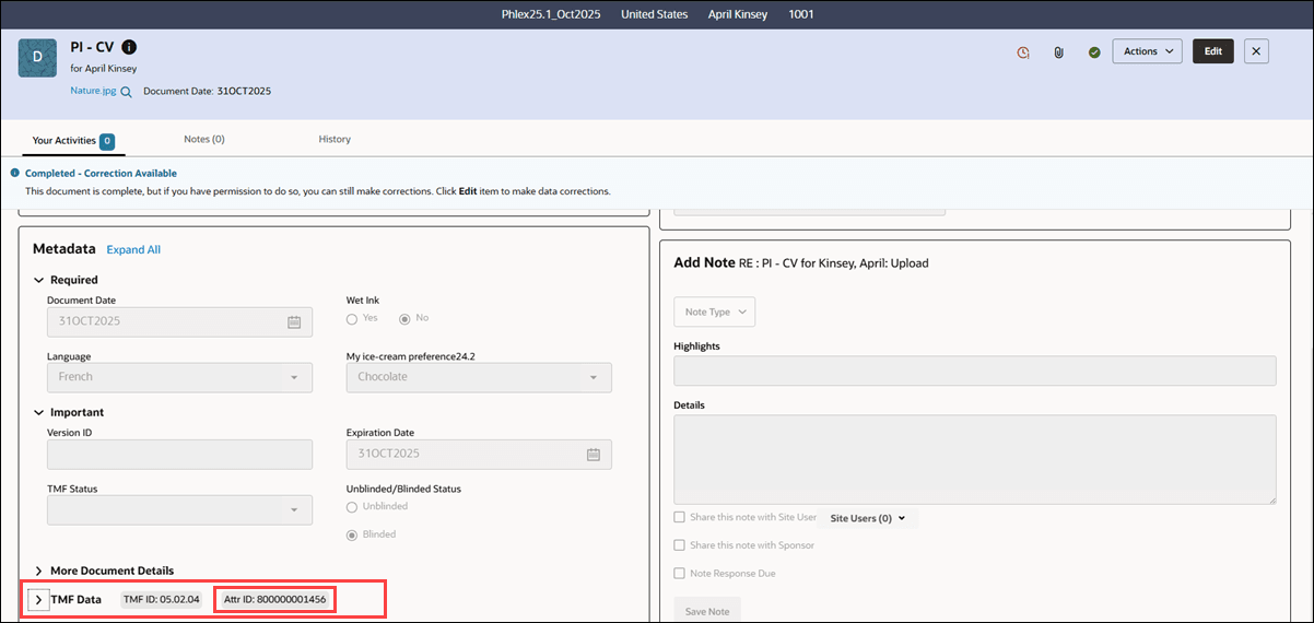 Item drawer showing Document Info tab and the Attr ID field in the TMF Data section Item drawer showing Document Info tab and the Attr ID field in the TMF Data section