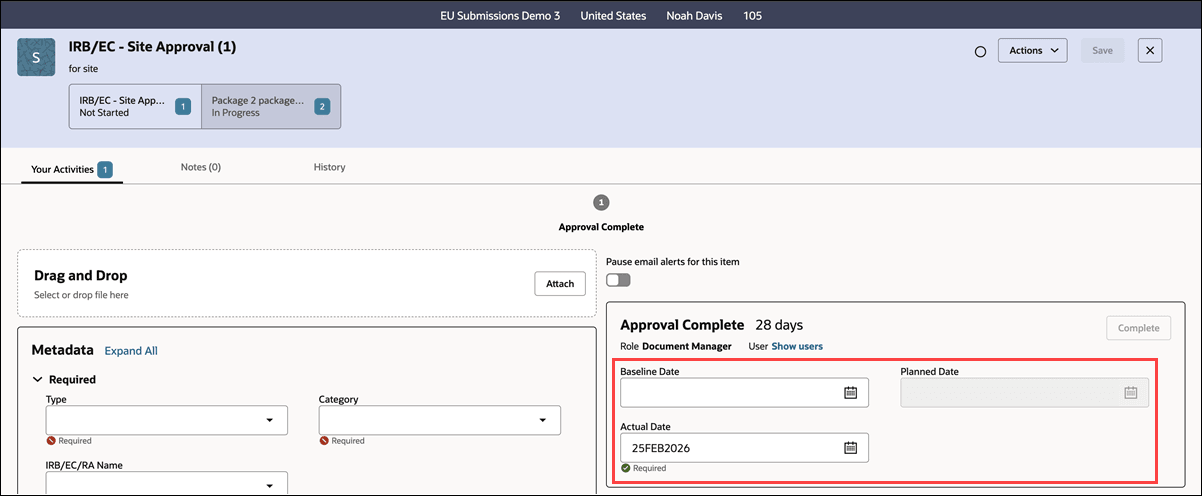 Artifact drawer showing grouped Baseline Date, Planned Date, and Actual Date fields