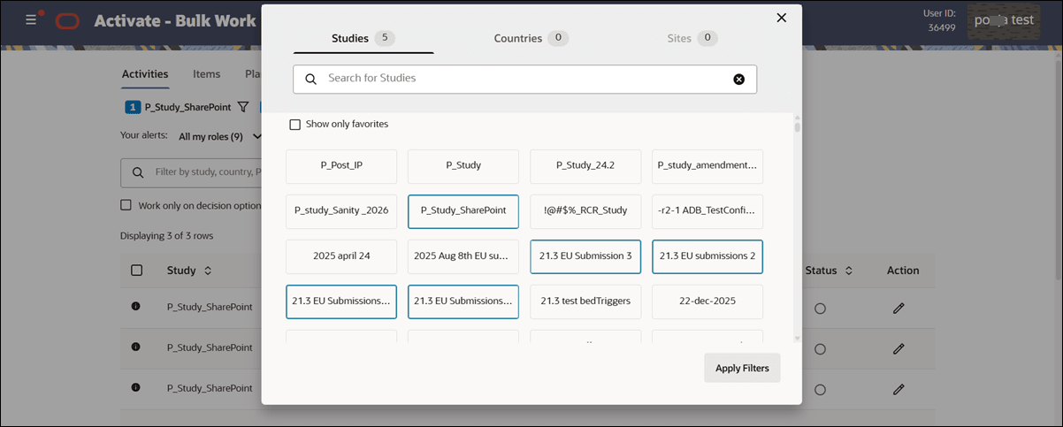 Studies/Countries/Sites bulk filter modal showing the Studies tab with several selected studies