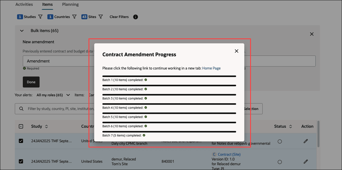 Bulk work batch contract amendment processing modal showing completed batches and a link to open the Study home page in a new tab
