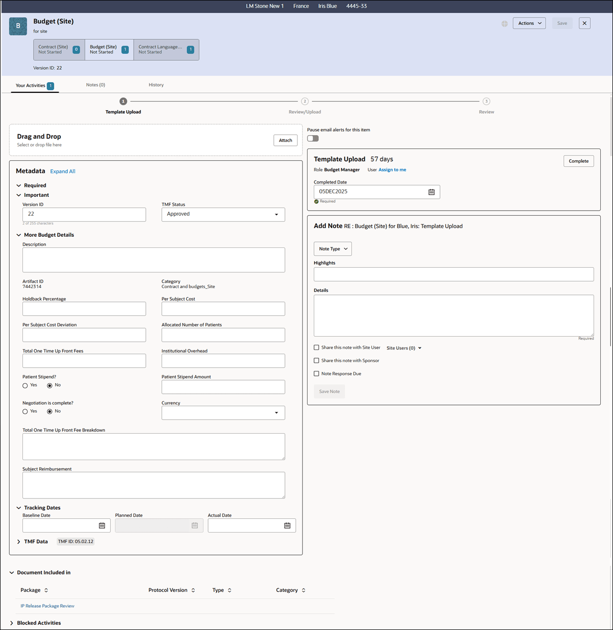 Contract artifact drawer showing Budget artifact with open Metadata panel and budget related fields