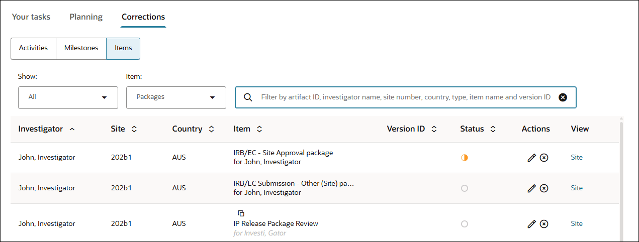 Artifact ID search in the Corrections Items tab