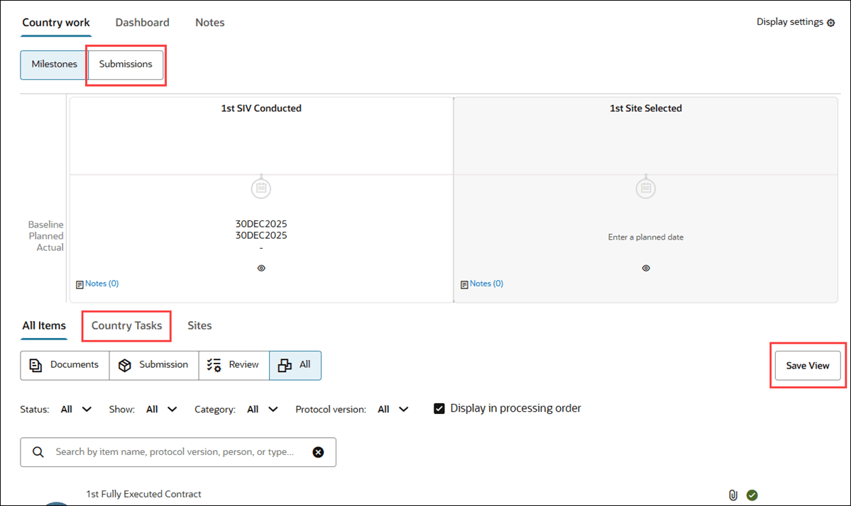 Country home page showing relabeled Country Tasks tab and relabeled Save View button