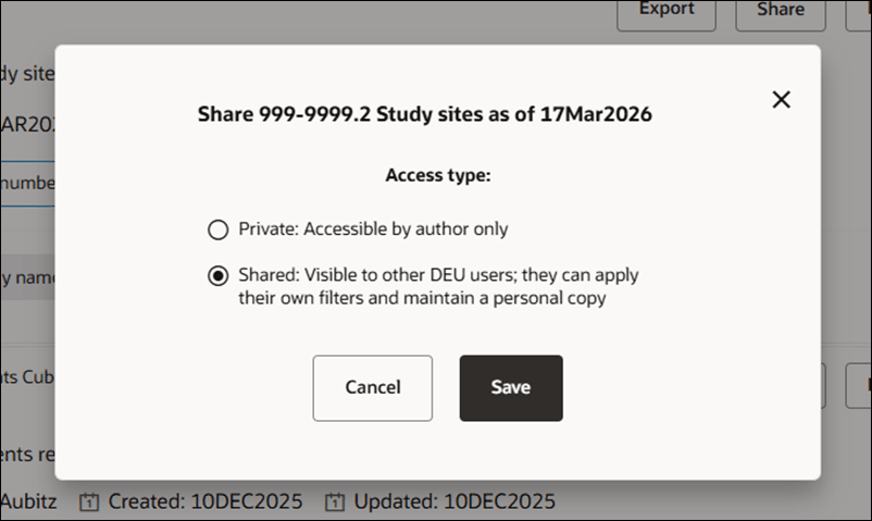 Data Export Utility report sharing modal with updated Private and Shared option labels