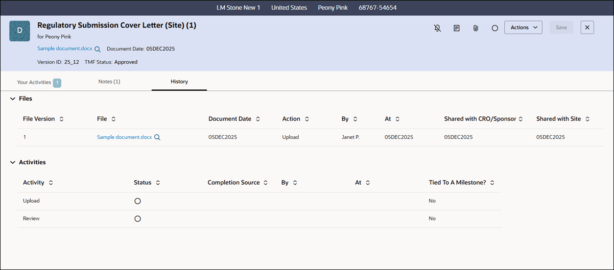 Example History tab for a non-lineage document showing expanded Files and Activities sections