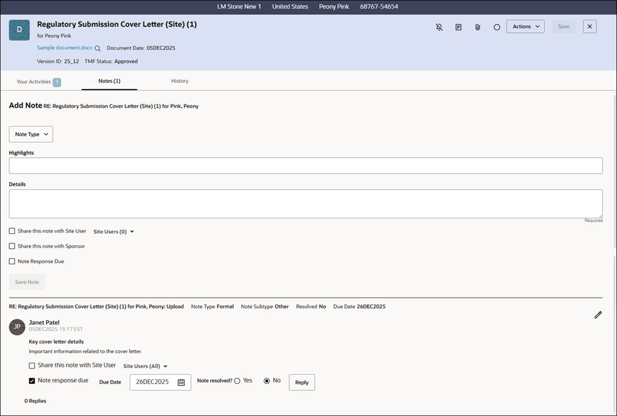 Example Notes tab showing saved notes