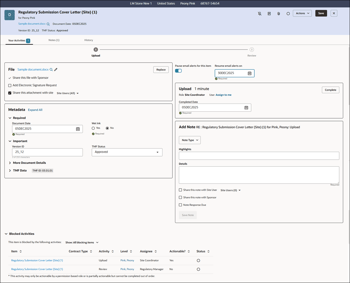 Example Your Activities tab showing File, Metadata, activity, and Add note panels; enabled email alert pause control; and expanded Blocked Activities accordion panel