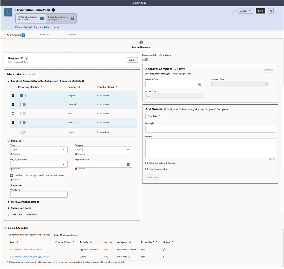 Example EU validation submission drawer showing countries approved from the submission and required field validation in Metadata panel and expanded Blocked Activities accordion section