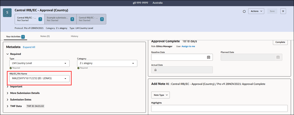 Submission Metadata panel showing the Agency ID in the IRB/EC/RA Name field