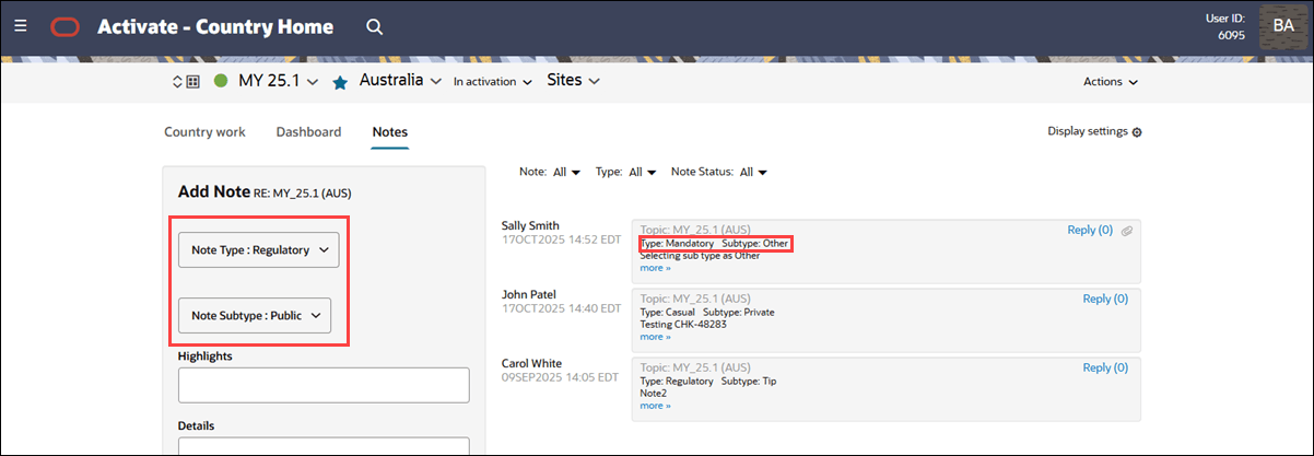 Note form with Note Subtype field and saved notes showing Type and Subtype values
