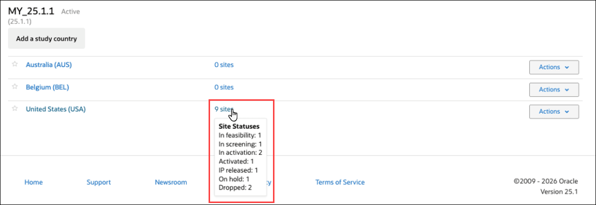 Tooltip showing site count by status