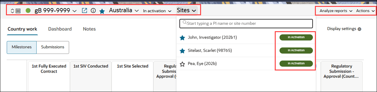 Study Country Site navigation bar showing new site status badges in the Sites drop-down