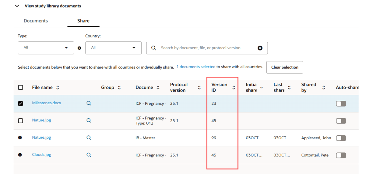 Study library Share tab with Version ID column Study library Share tab with Version ID column