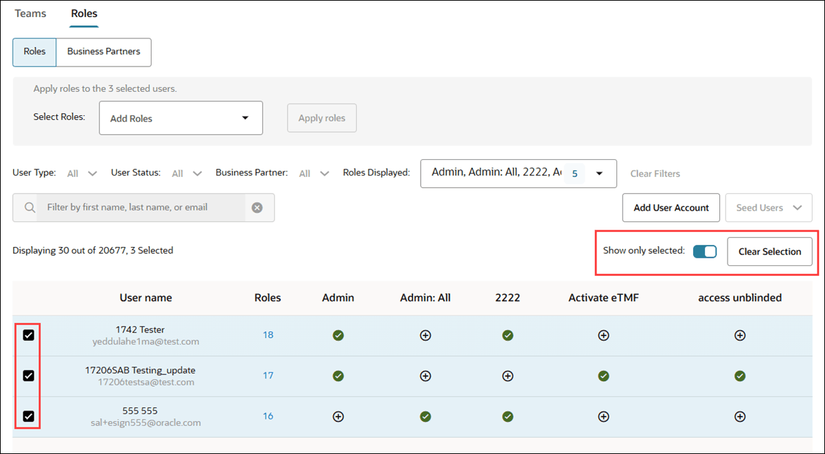 Bulk work Items table showing the new Show only selected toggle and Clear selection link