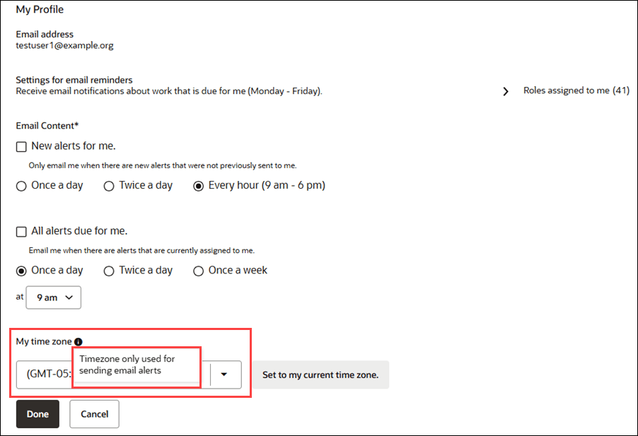 Tool tip text for new time zone info icon shows Time zone only used for sending email alerts