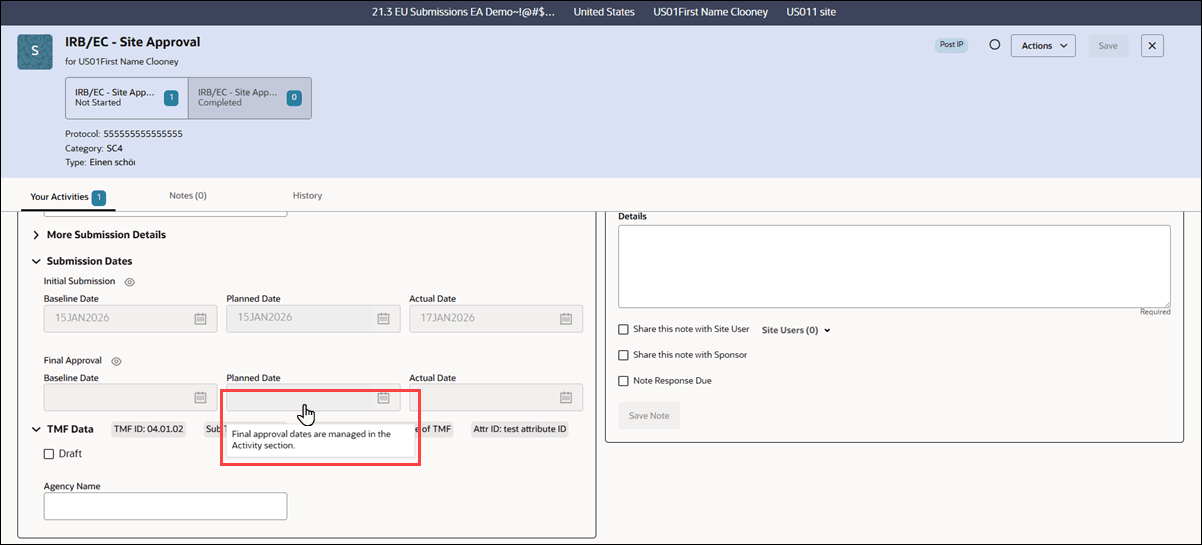 Artifact drawer Submission Dates section showing hover-over tooltip message