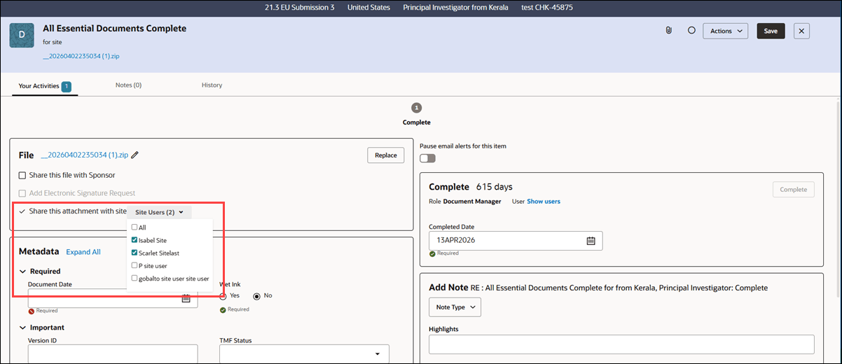 Example artifact drawer file attachment sharing option showing the site selection list