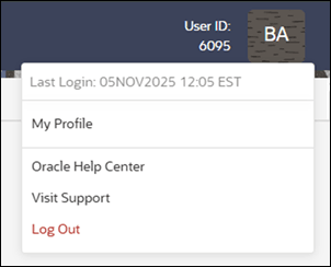 User badge drop down menu showing navigation and log out options