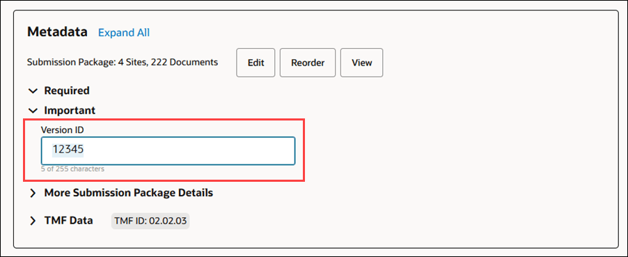 Metadata panel with Version ID field showing character counter Metadata panel with Version ID field showing character counter
