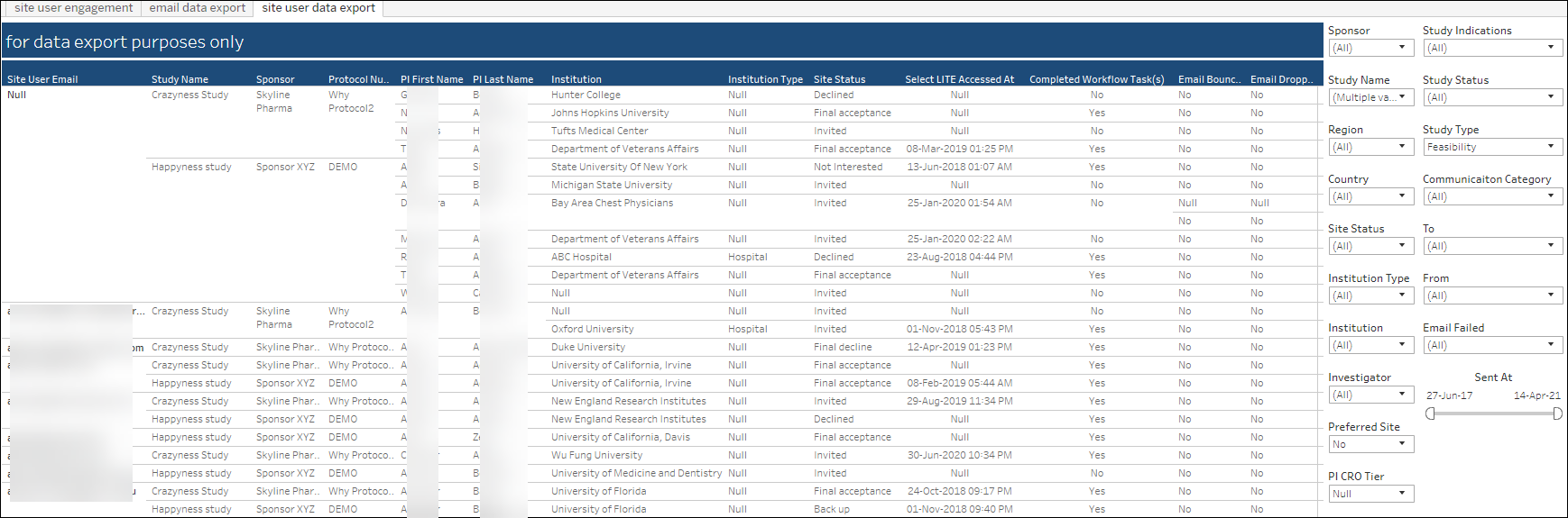 Site User Data export Site User Data export