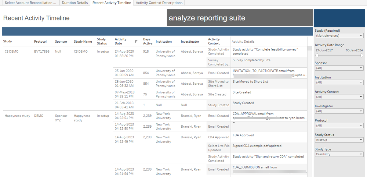Select Study Reconciliation Dashboard – Recent Activity Timeline sheet Select Study Reconciliation Dashboard – Recent Activity Timeline sheet
