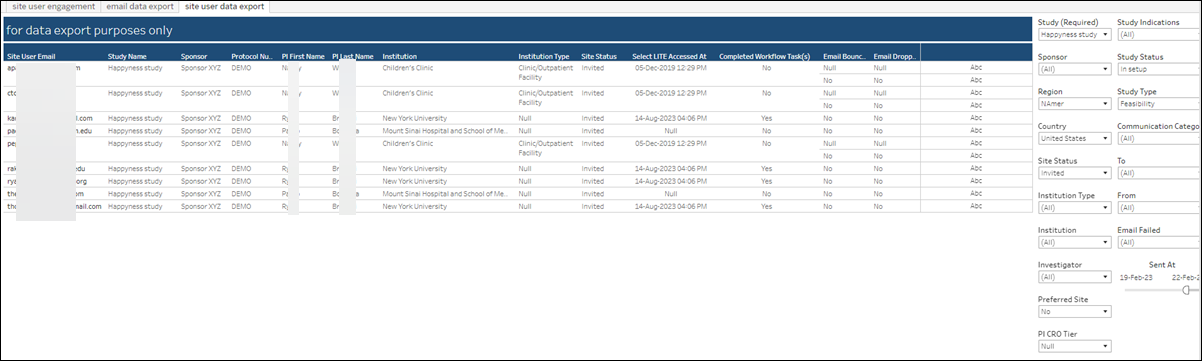 Site User Engagement Site User Data export Site User Engagement Site User Data export