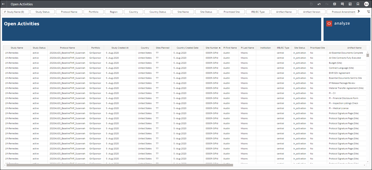 Open Activities report showing the Open Activities worksheet