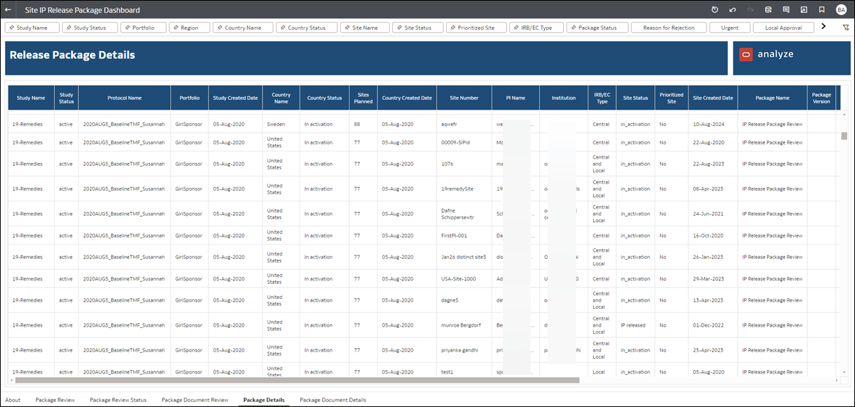 Release Package Details worksheet