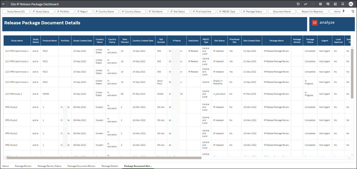Release Package Document Details worksheet