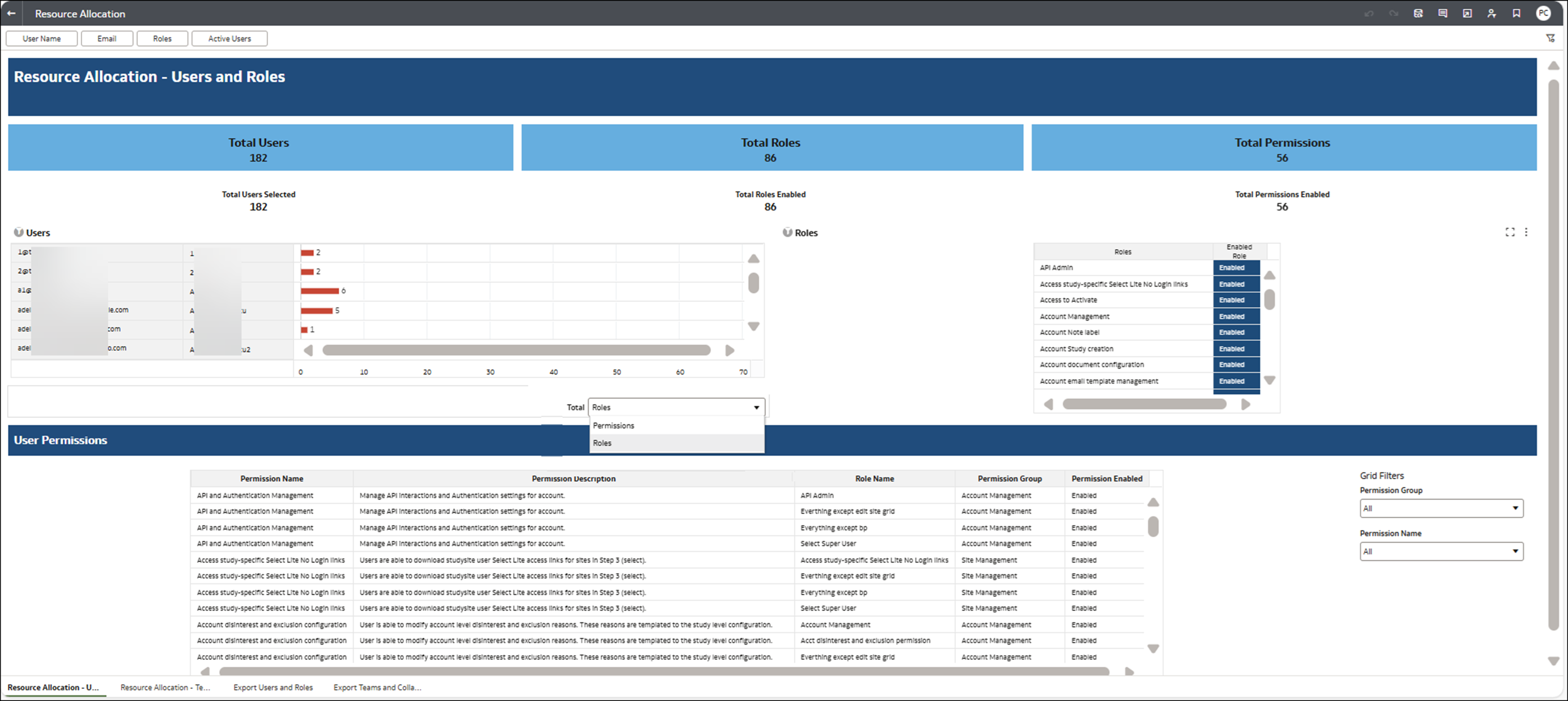 Resource Allocation report Users and Roles dashboard