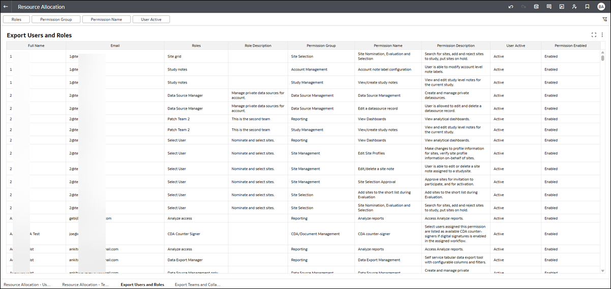 Users and Roles export worksheet