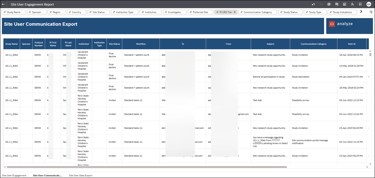 Site User Communications export
